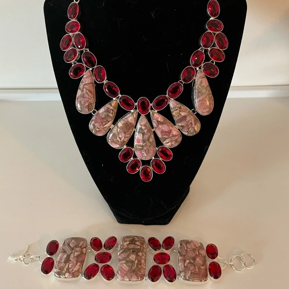 Rhodochrosite, red garnet necklace - Picture 3 of 5
